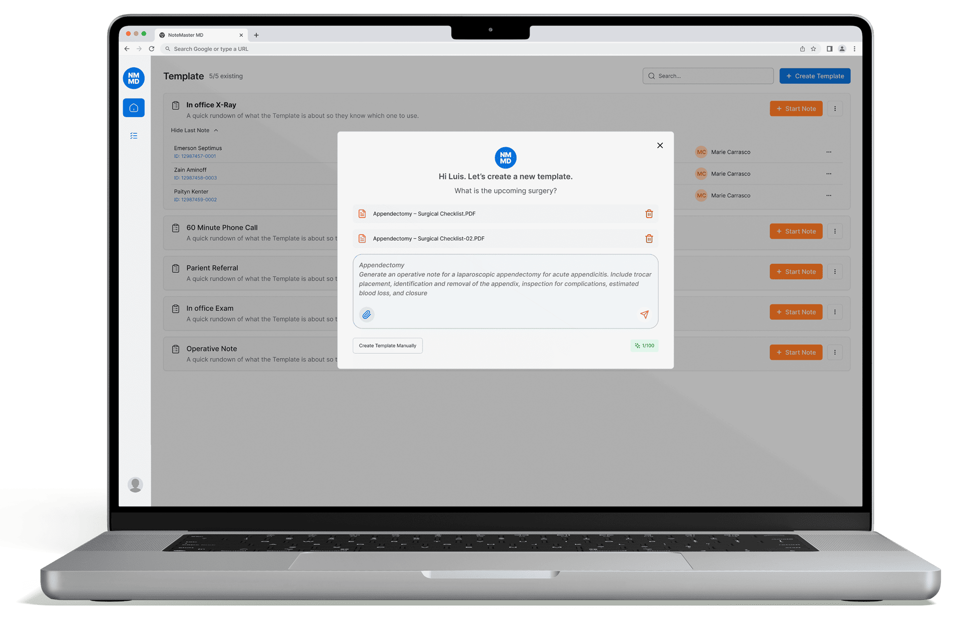 Screenshot of the NoteMasterMD interface showing AI-assisted creation of a surgical template from uploaded procedure documents