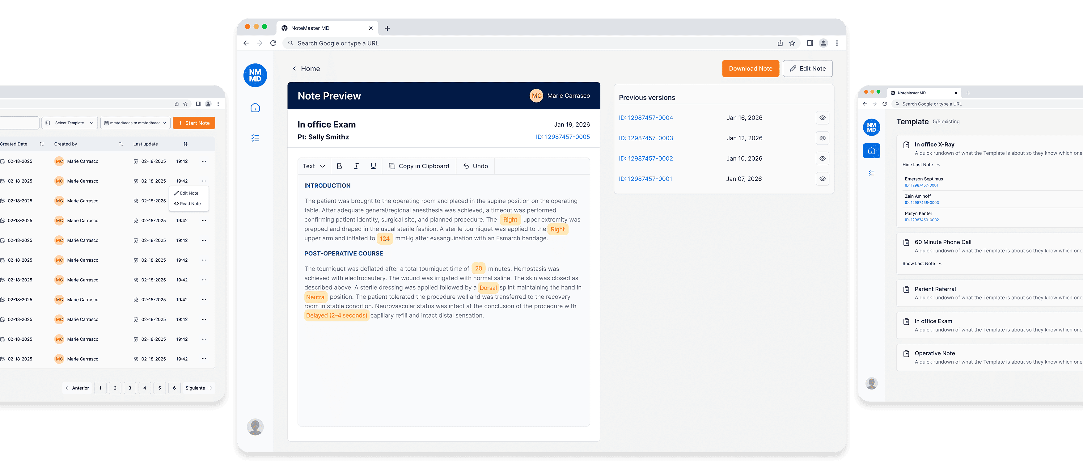 Screenshot of the NoteMasterMD interface showing AI-assisted creation of a surgical template from uploaded procedure documents