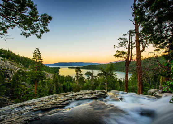 Emerald Bay scenic viewpoint in Lake Tahoe with surrounding forest.
