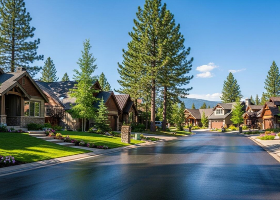 Residential neighborhood in Tahoe City showing homes and tree-lined streets.