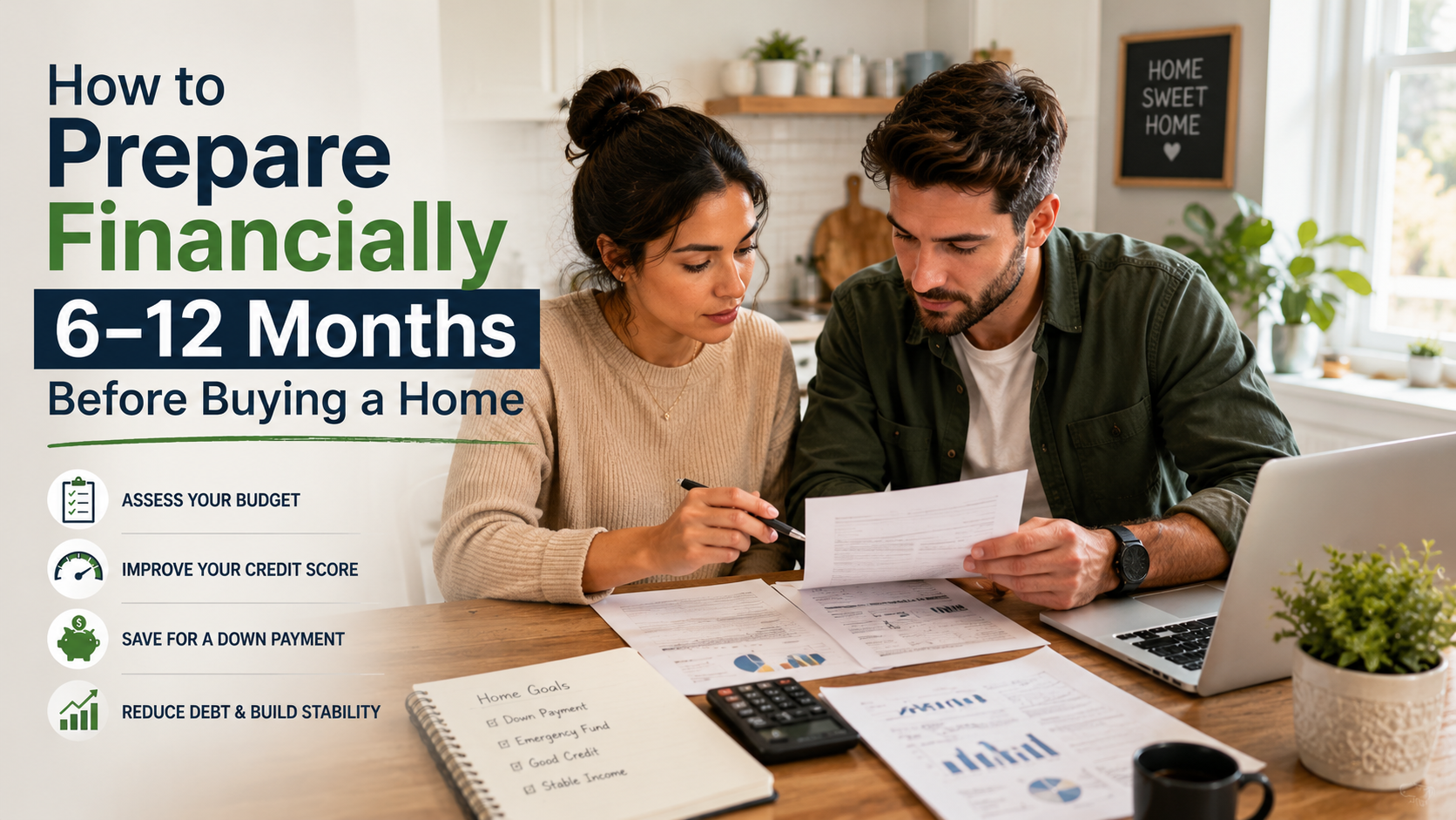 Future home buyers reviewing finances and budget before starting house hunting process