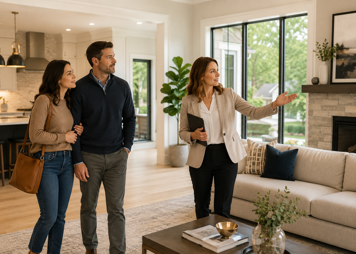 Home buyers touring expensive property while evaluating maximum housing budget