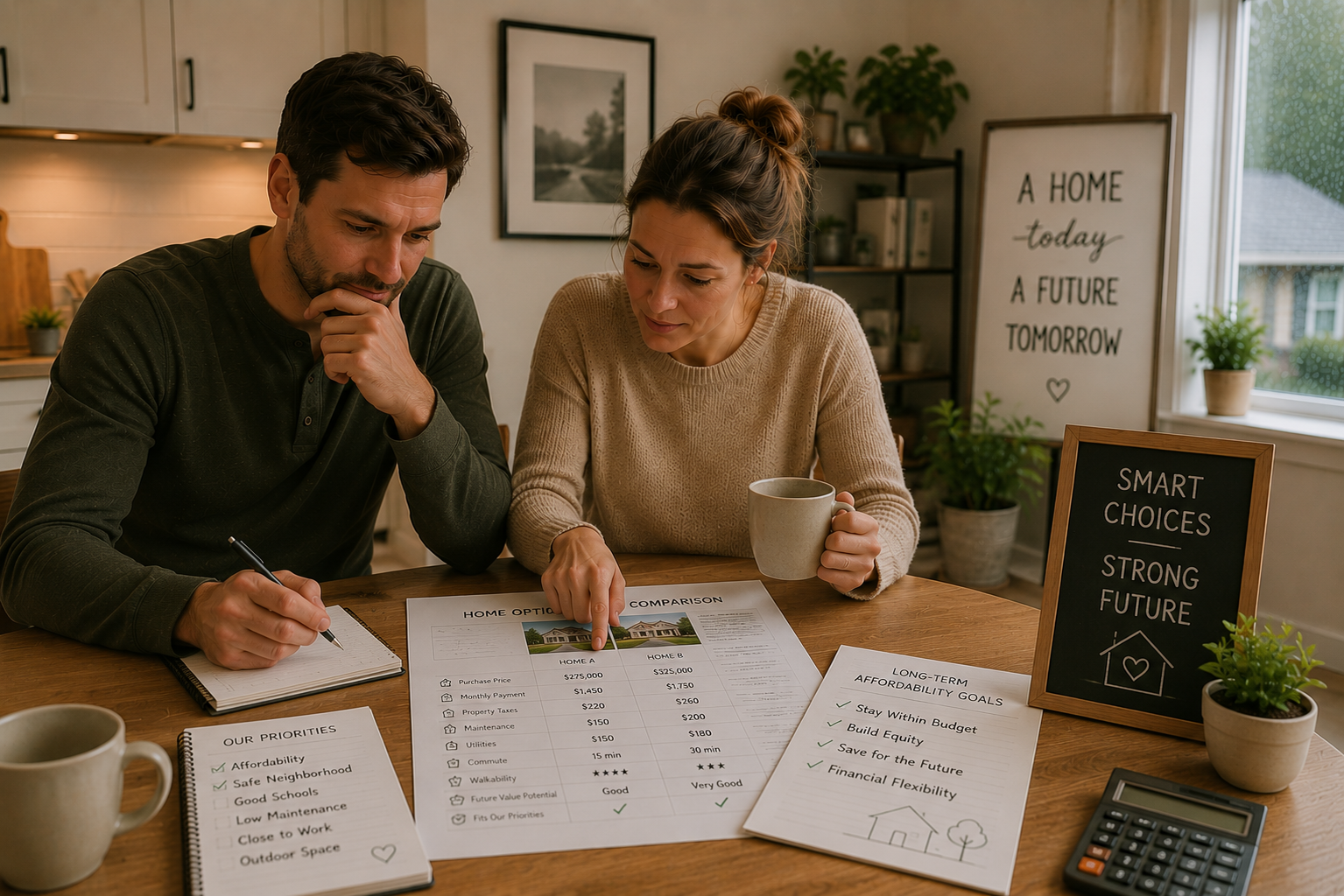 Home buyers comparing housing priorities and long-term affordability goals