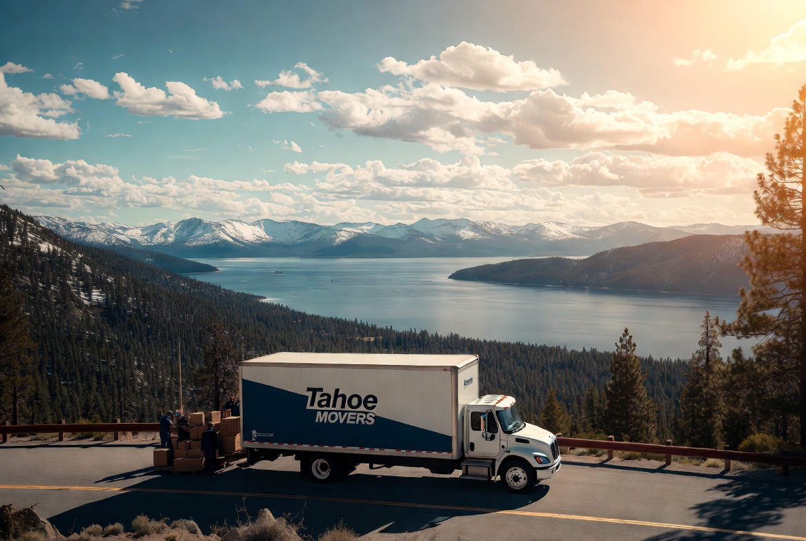 Moving truck traveling through Lake Tahoe mountain roads during relocation process