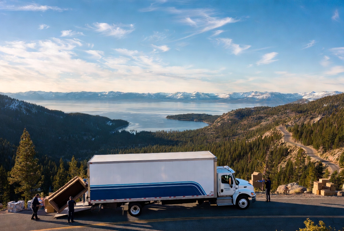 Moving truck traveling through Lake Tahoe mountain roads during relocation process
