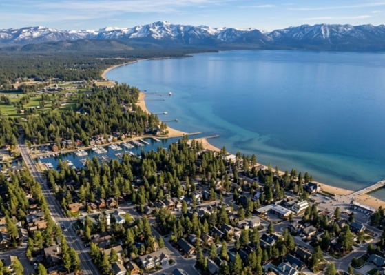 South Lake Tahoe neighborhoods and homes near mountain and lake scenery