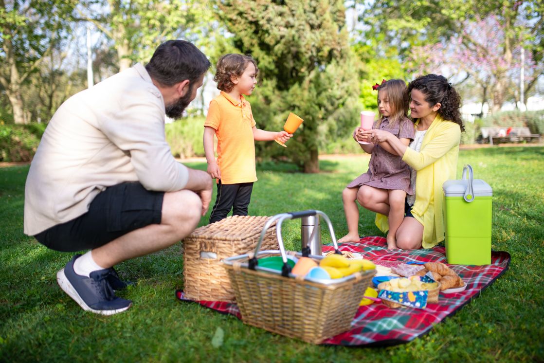 A family enjoying a picnic in a sunny park with a picnic basket and drinks.