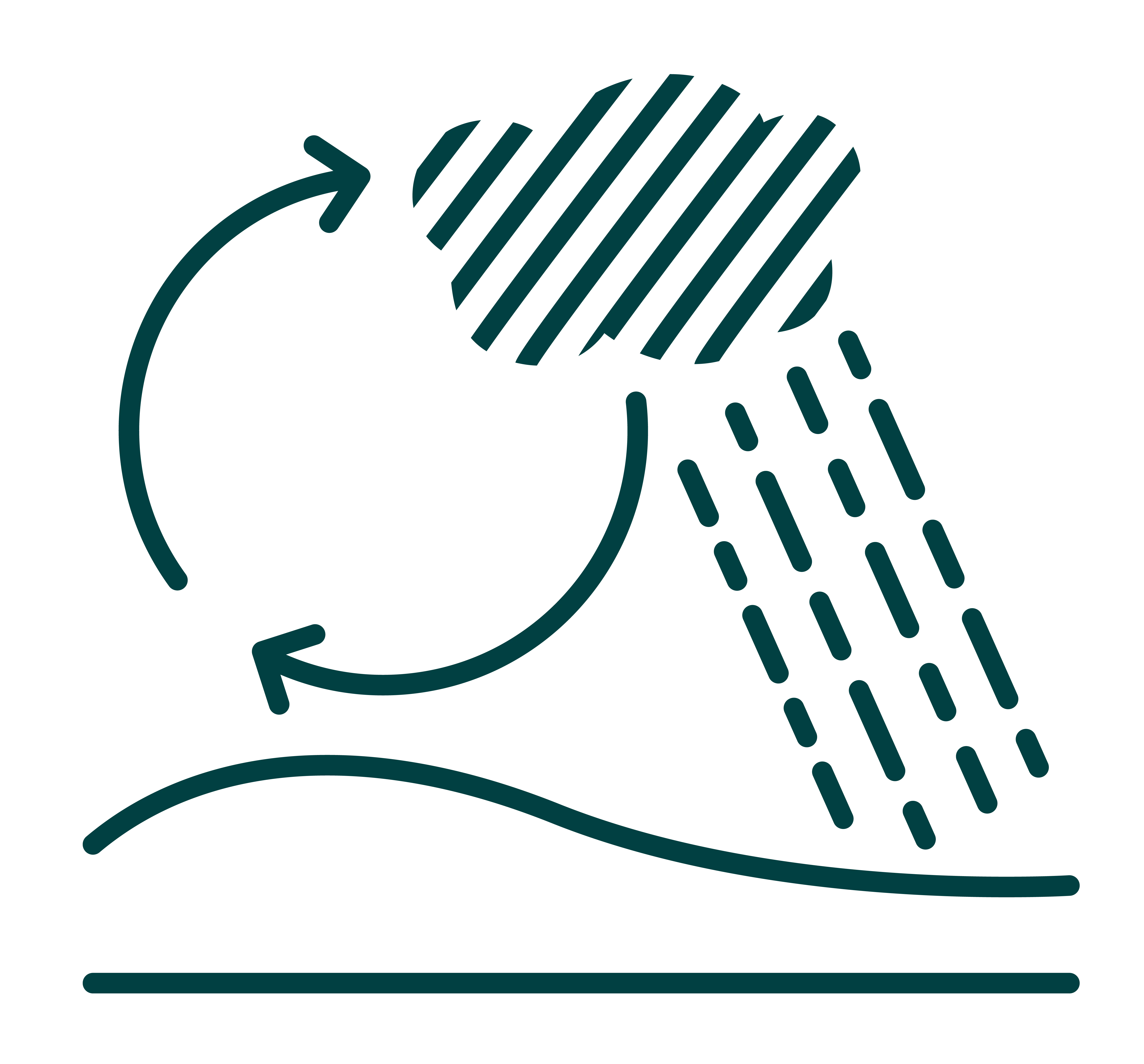 Icon of a cloud raining with circular arrows representing water cycle over a curved line.