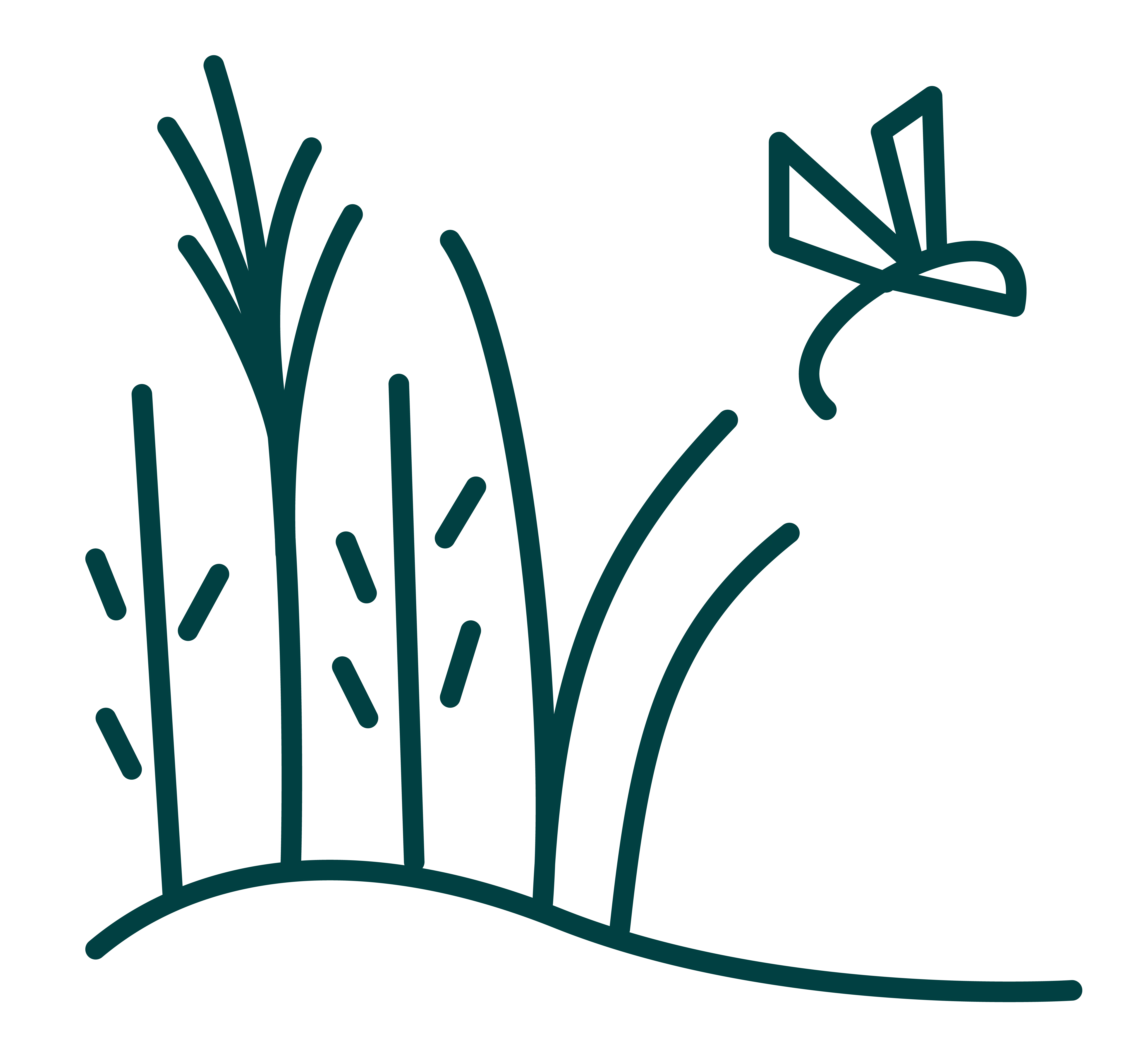 Simple line drawing of grass with a butterfly flying above it.