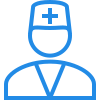 Blue line icon of a medical doctor wearing a cap with a cross.