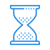 Blue line art hourglass icon with sand flowing from top to bottom.