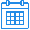 Blue calendar icon with a grid of dates and two binder rings at the top.