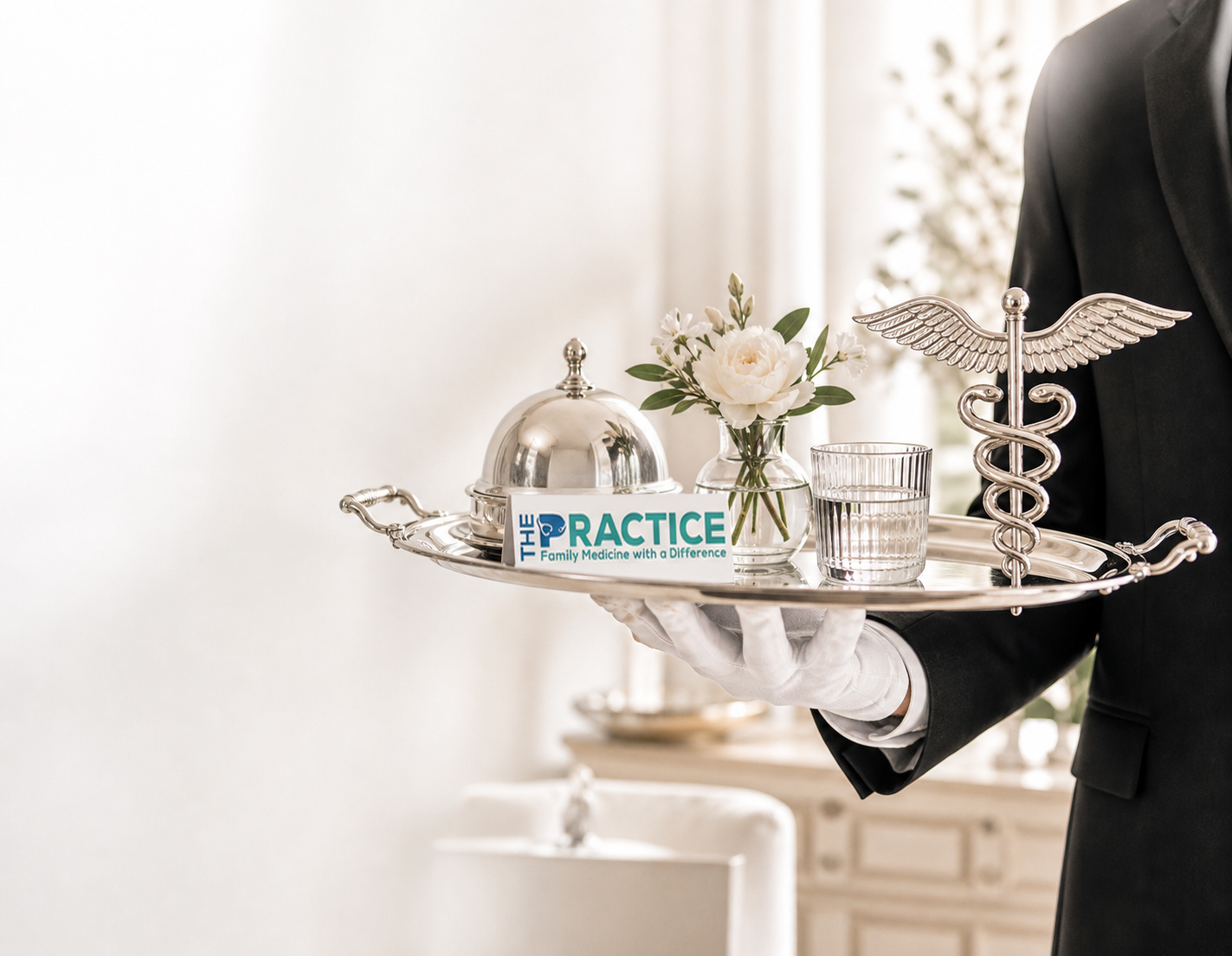Butler holding silver tray with flowers, water glass, caduceus symbol, and a card reading The Practice.