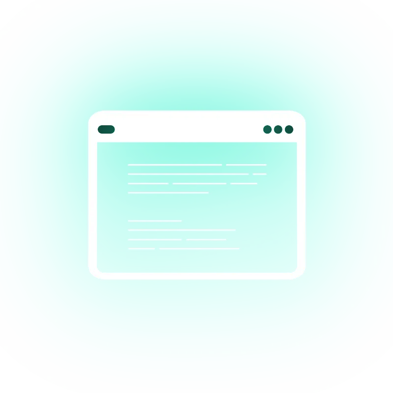 Icon of a web browser window with lines representing code on a turquoise rounded square background.