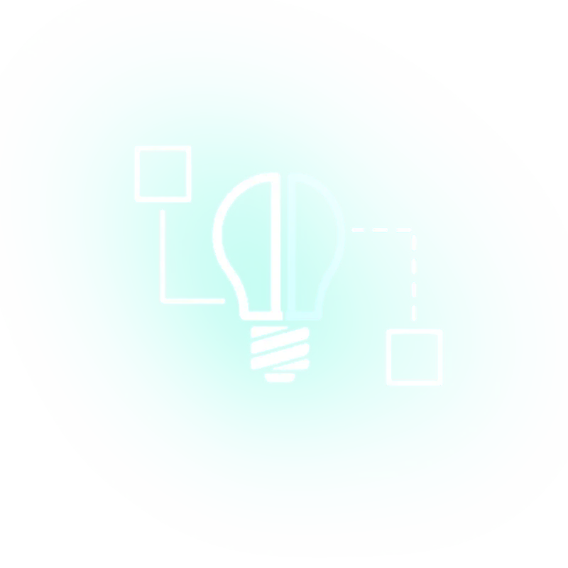 White light bulb icon connected by lines to two squares on a turquoise irregular background.