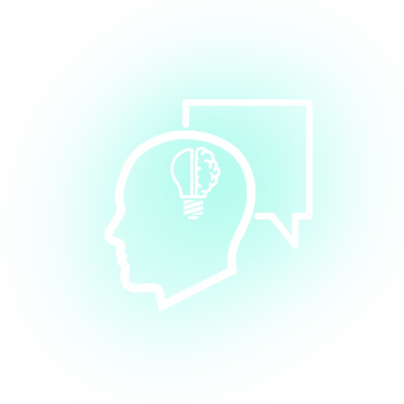 White outline of a human head with a lightbulb and brain inside, next to a speech bubble, on a turquoise background.