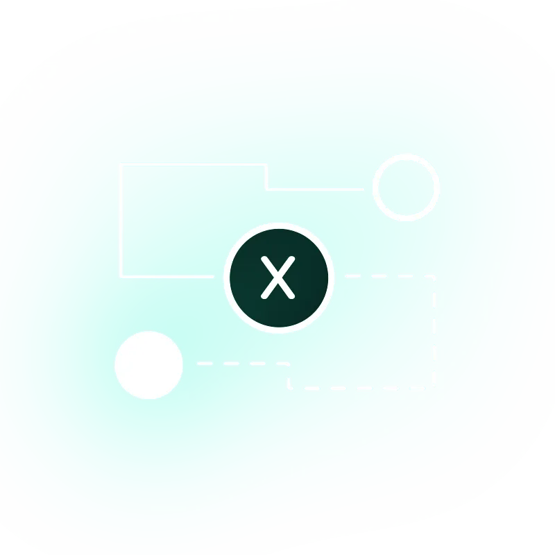Abstract network diagram with two white circles connected to a central black circle with an X, on a turquoise background.