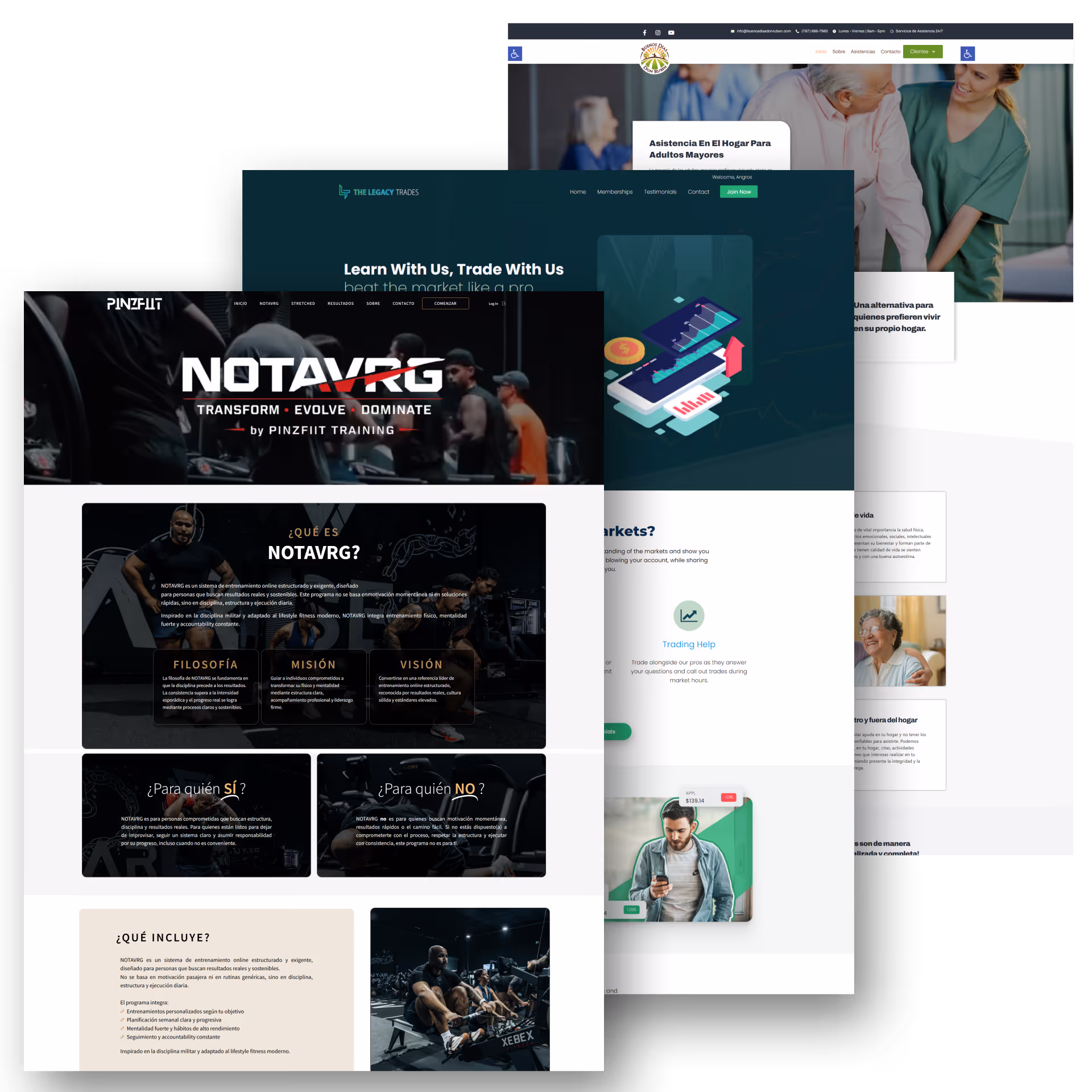 Screenshot collage of three overlapping website homepage designs showcasing fitness training, trading education, and elderly home care services.
