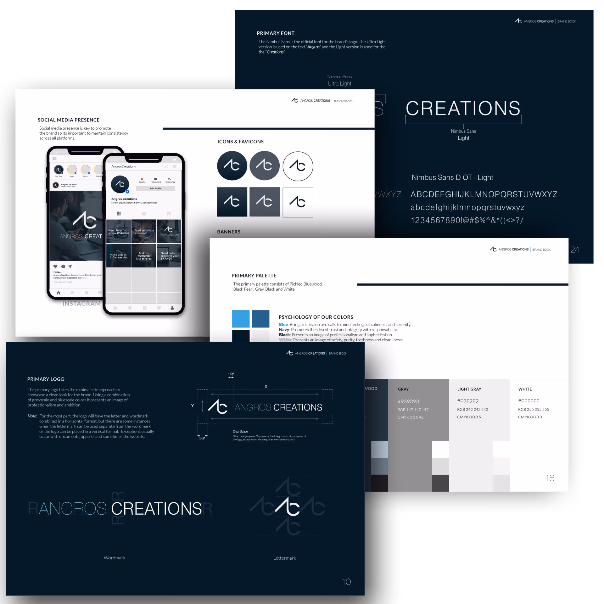 Brand book pages for Angros Creations showing logo design guidelines, primary font Nimbus Sans, primary color palette with blue and gray shades, and social media presence with Instagram profile mockups.