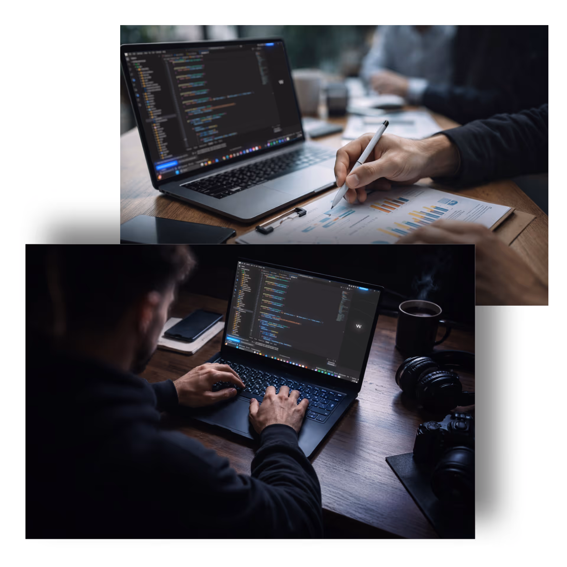 Two images of laptops showing programming code, one with a person writing on a document with charts and the other with a person typing on the laptop at a dimly lit desk with a coffee cup, headphones, and camera.