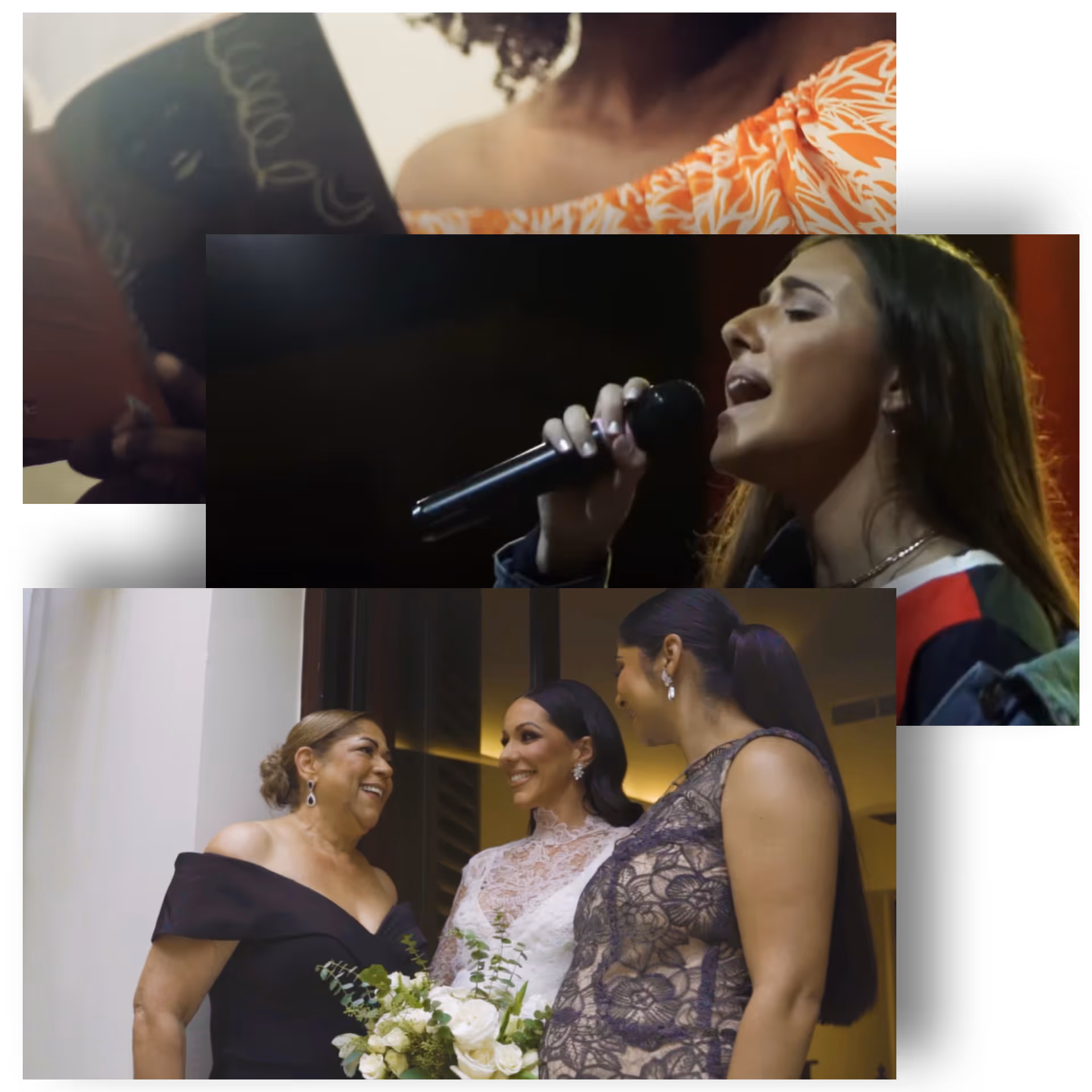 Collage showing a woman reading a notebook, a woman singing into a microphone, and three women smiling at a wedding with the bride holding a bouquet.