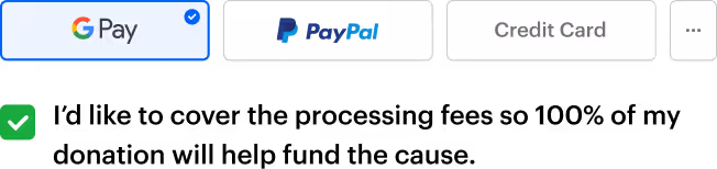 Donation checkout with payment options and a donor choosing to cover processing fees