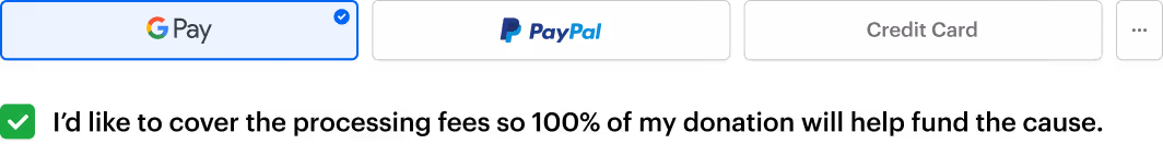 Donation checkout with payment options and a donor choosing to cover processing fees