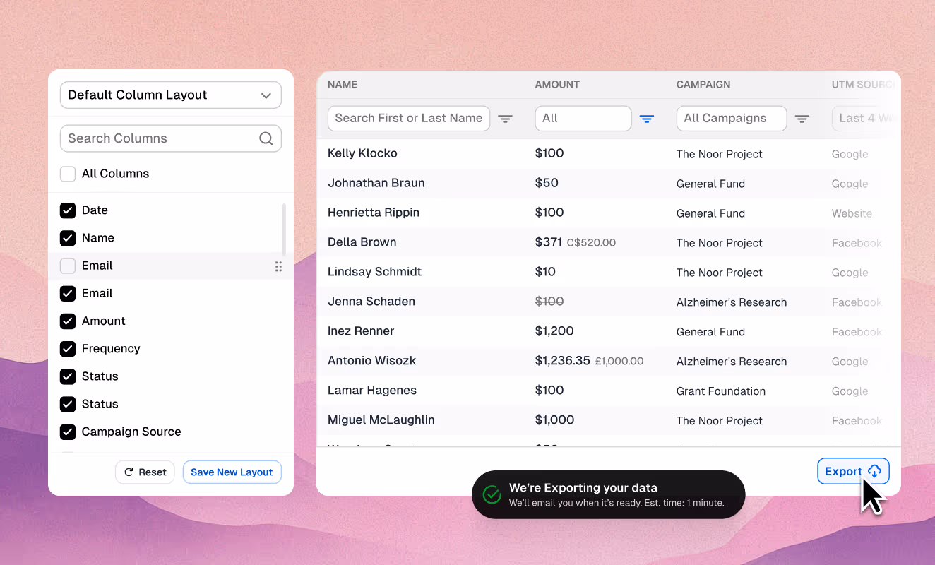 Custom report builder with saved views in GiveForms