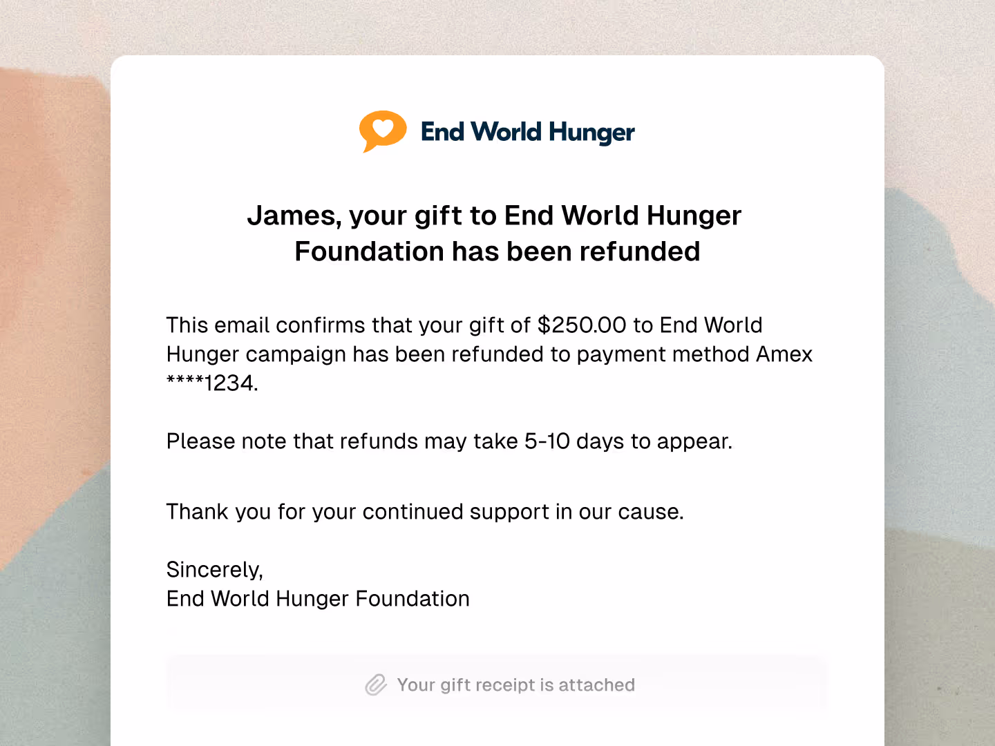 Refund confirmation email with attached receipt
