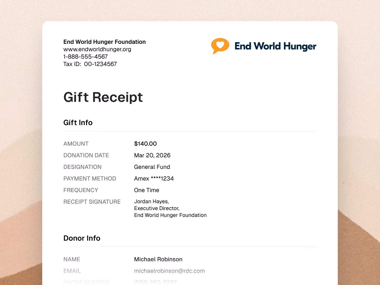 Downloadable PDF tax receipt for a donation