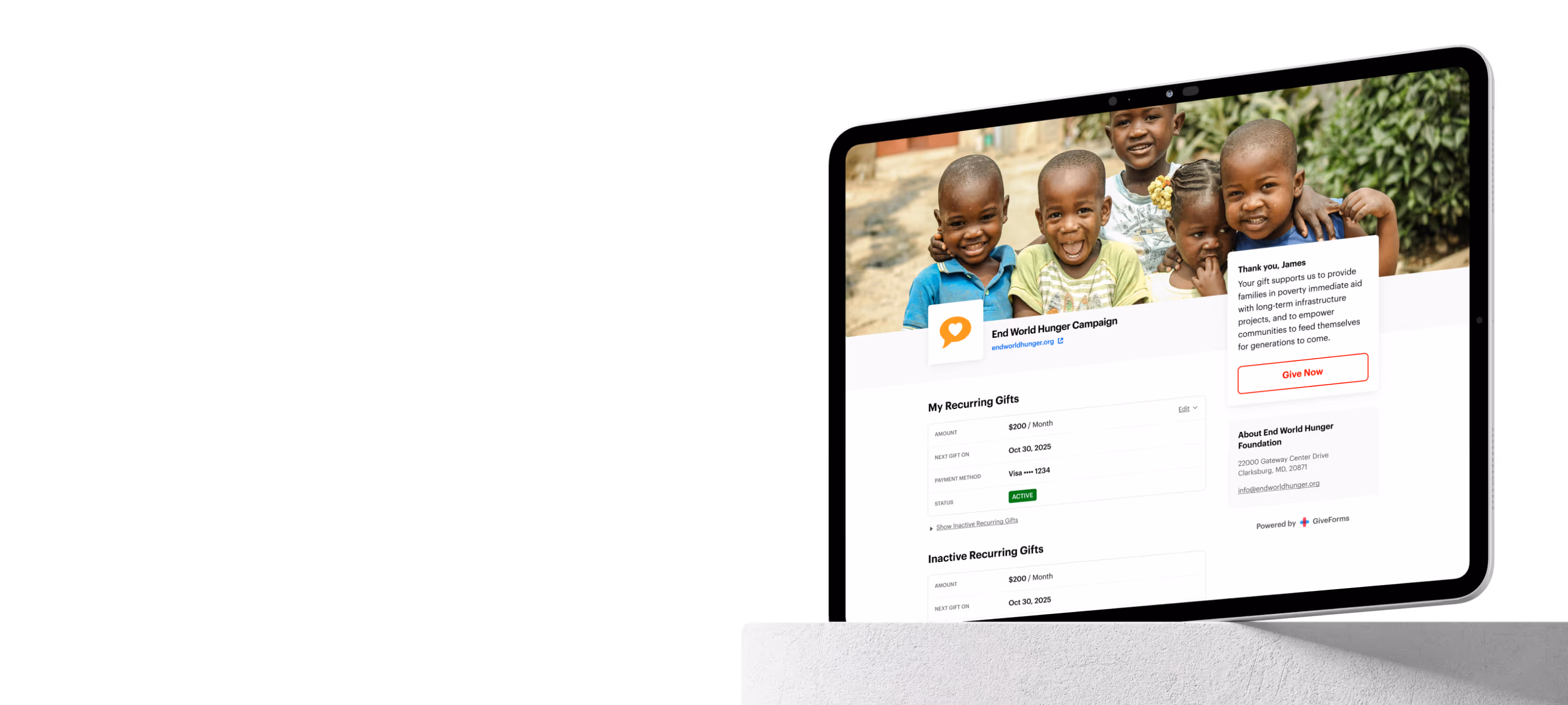 GiveForms donor portal showing a donor's giving history