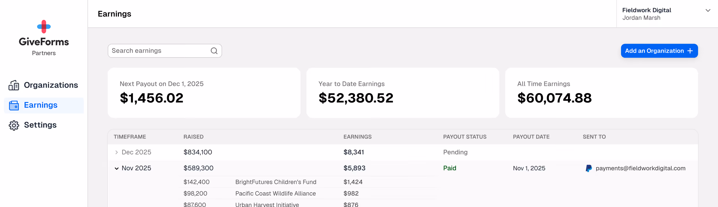 GiveForms partner Earnings dashboard showing payouts and year-to-date earnings