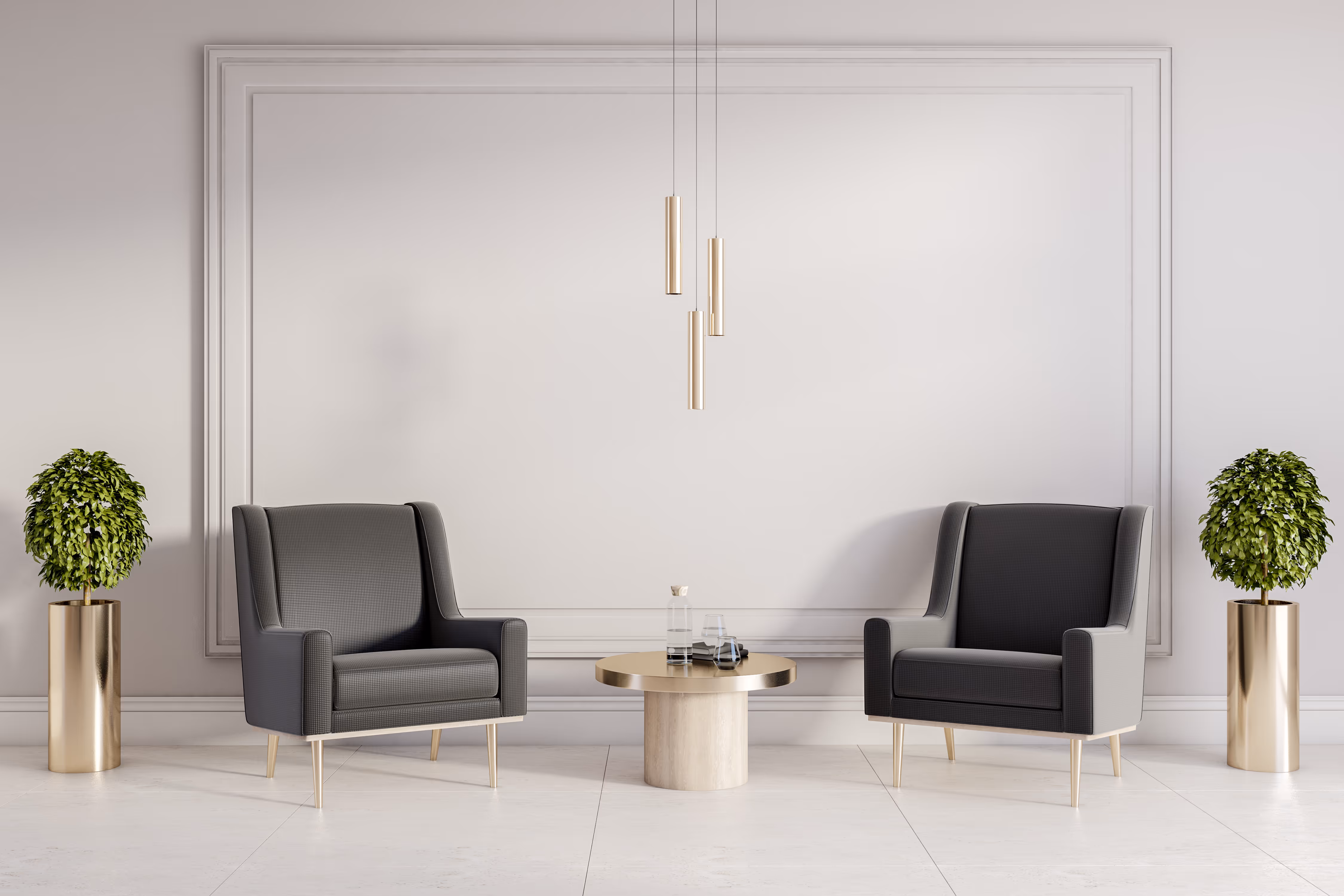 waiting room with white walls, marble floors and two gray chairs