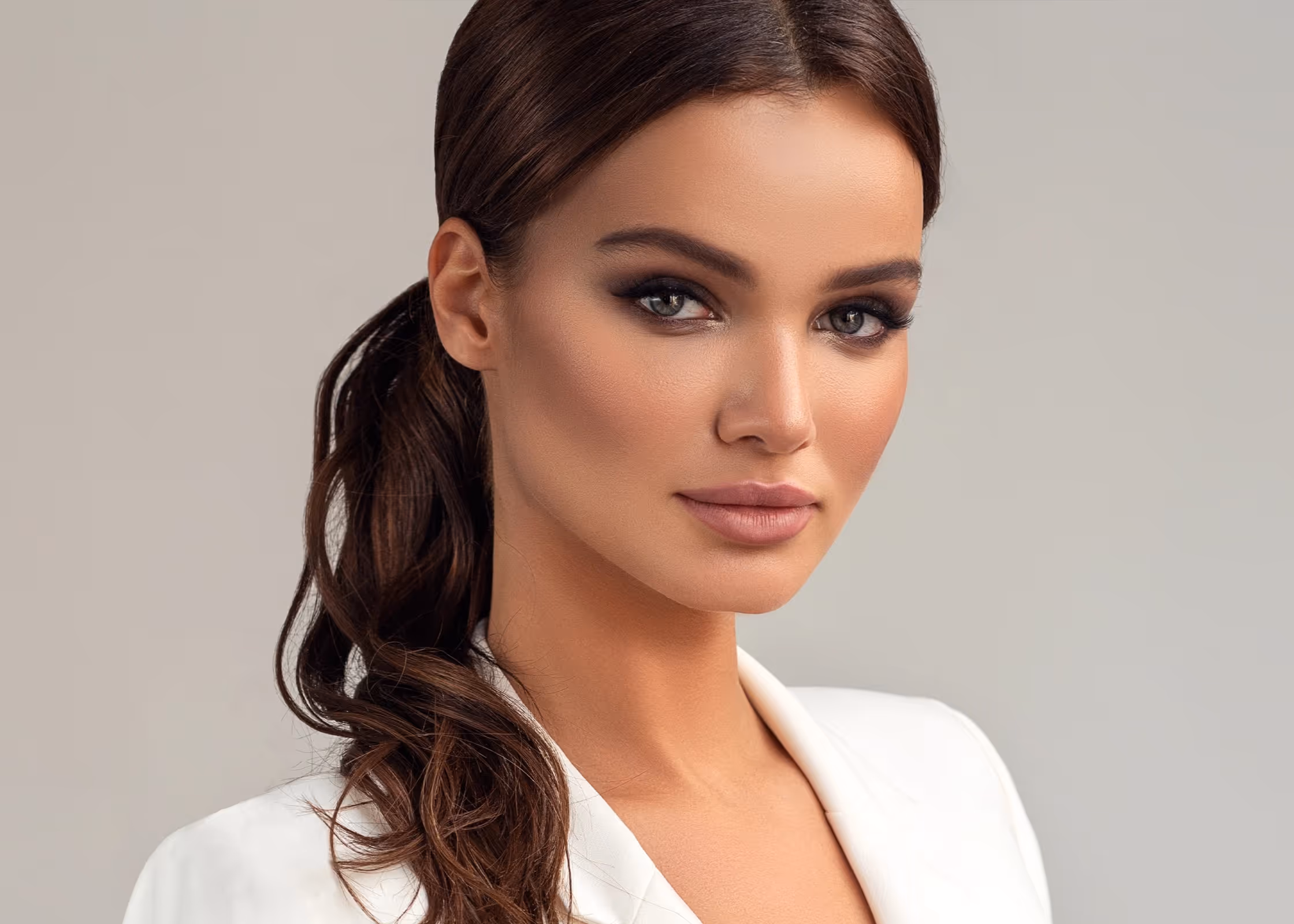 Portrait of a woman with brown hair in a ponytail, wearing a white blazer and neutral makeup.