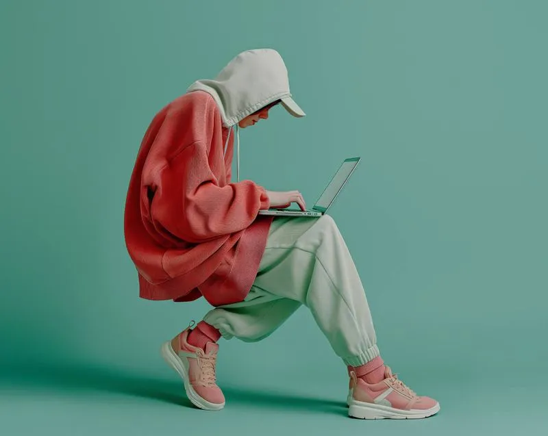 Person in a red hoodie and pink sneakers crouching and working on a laptop with a green background.