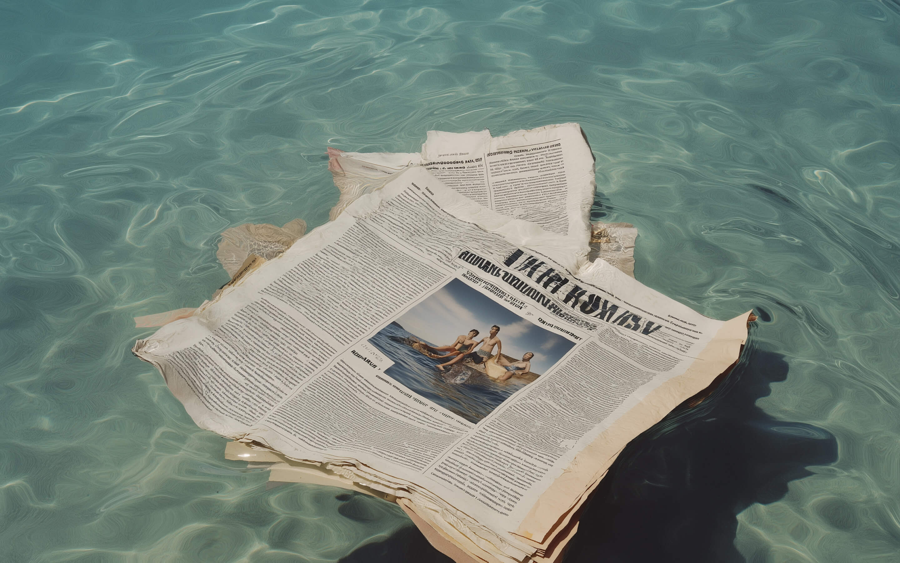 A stack of newspapers floating on clear blue water with a photo of three swimmers on the front page.