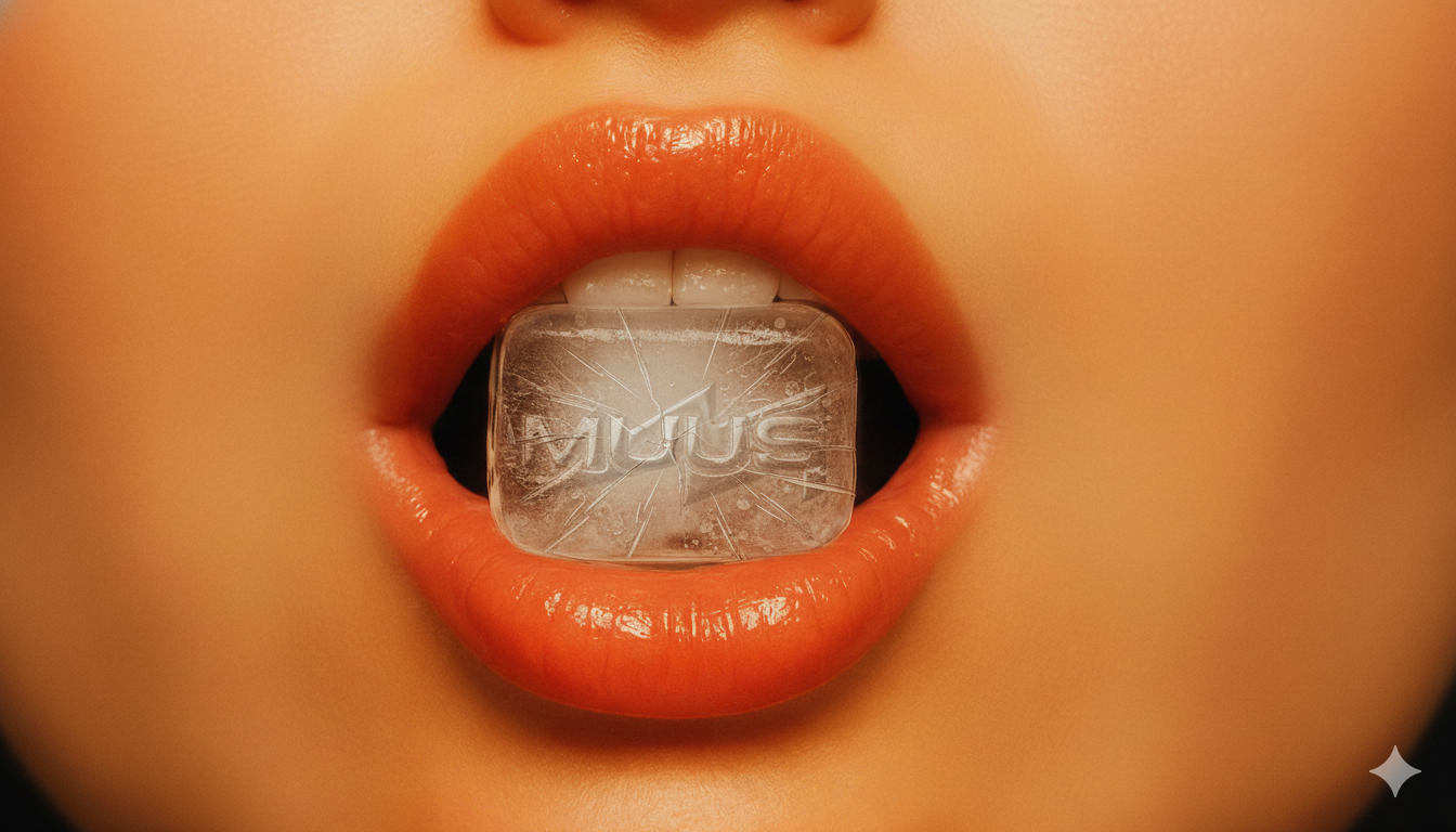 Close-up of lips with glossy orange lipstick holding a clear ice cube with the word 'MUIUS' inside.