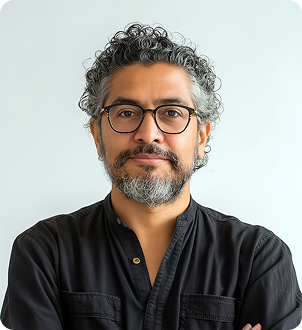 Man with curly salt-and-pepper hair, glasses, and beard wearing a black shirt against a light background.