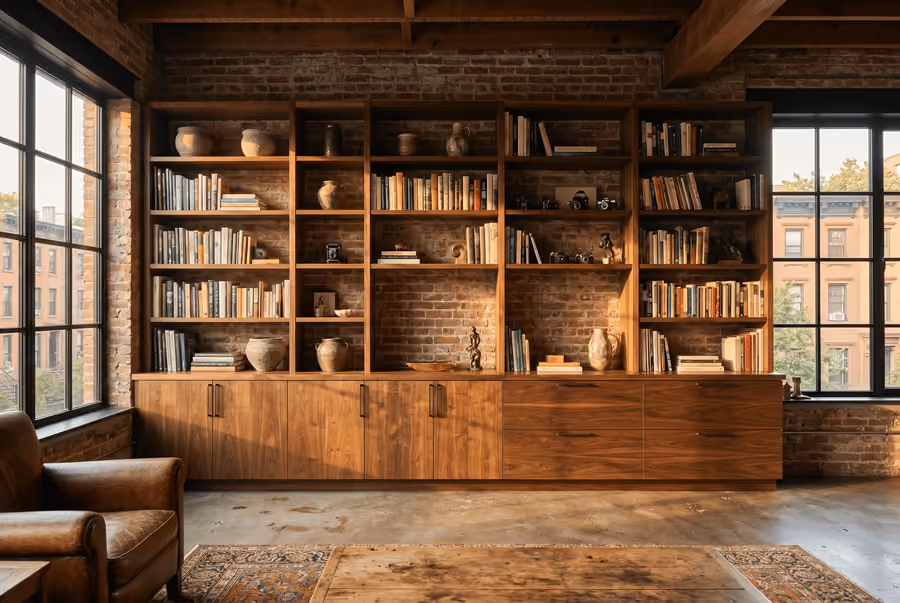 Custom built-in media wall and storage cabinets in NYC
