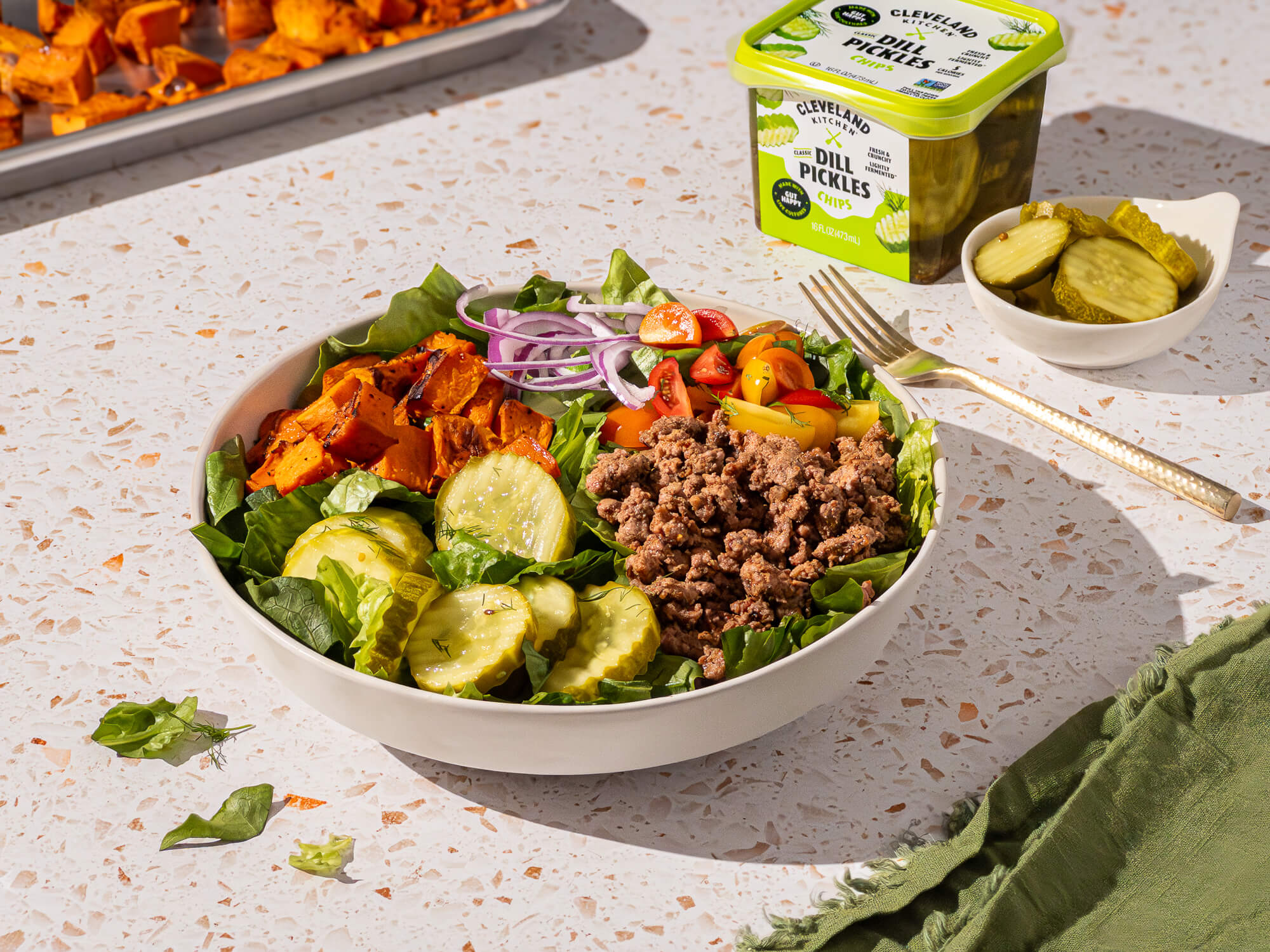Easy burger bowl with Cleveland Kitchen Classic Dill Pickle Chips.