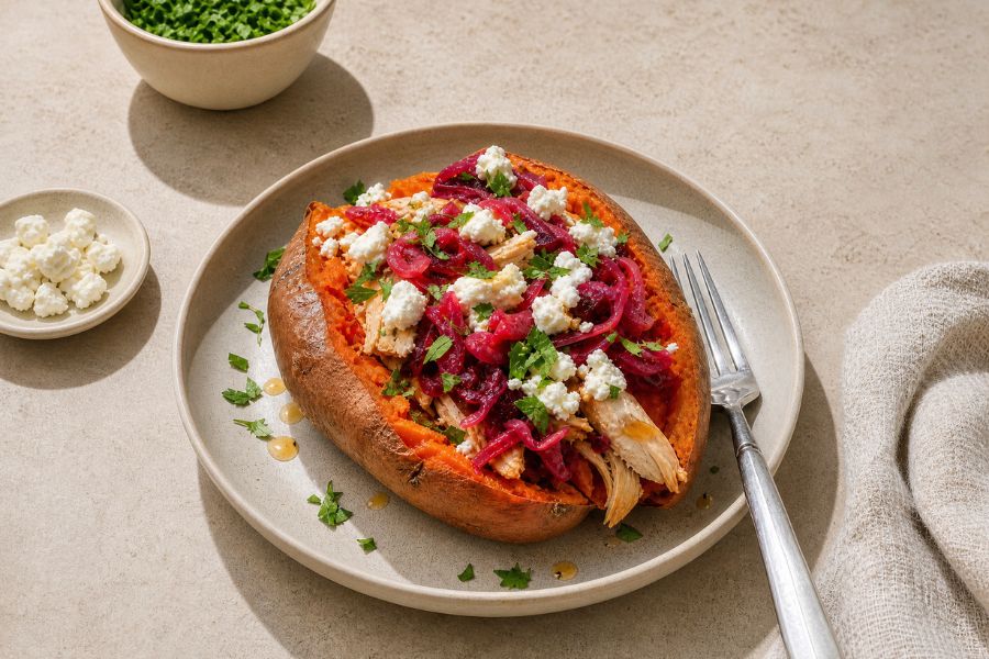 Loaded sweet potato with chicken and bright beet sauerkrautr