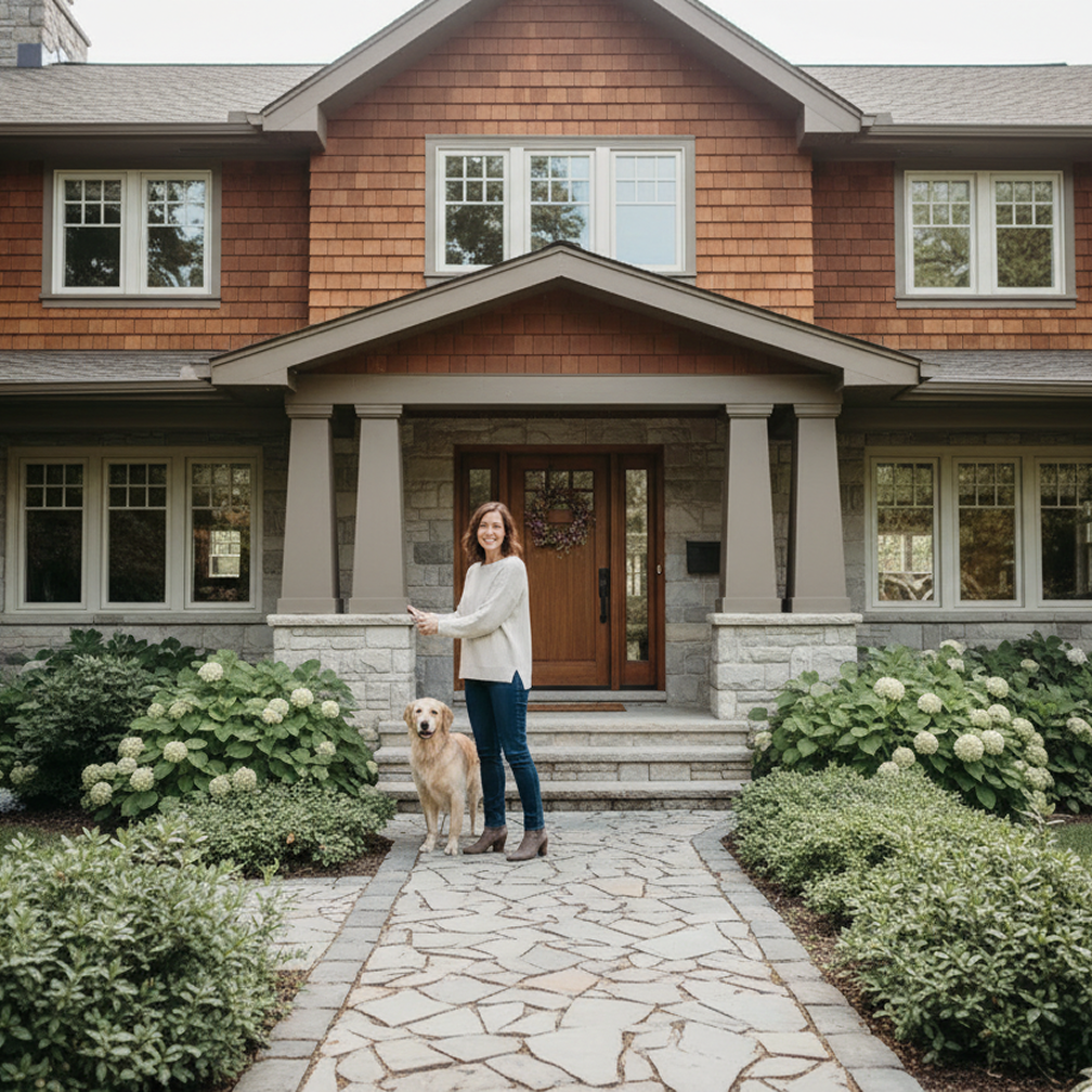 Zadowolona klientka po uzyskaniu kredytu hipotecznego, stojąca przed swoim domem