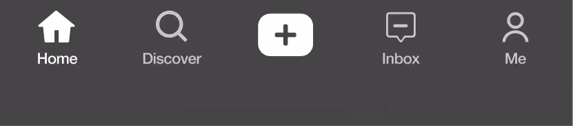 Mobile app navigation bar with icons labeled Home, Discover, Add, Inbox, and Me on a black background.