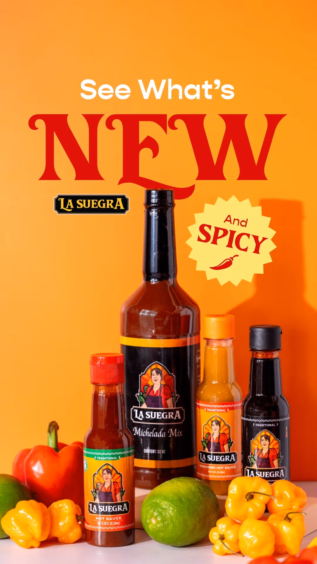 Bottles of La Suegra hot sauces and Michelada mix with fresh peppers and limes on an orange background.