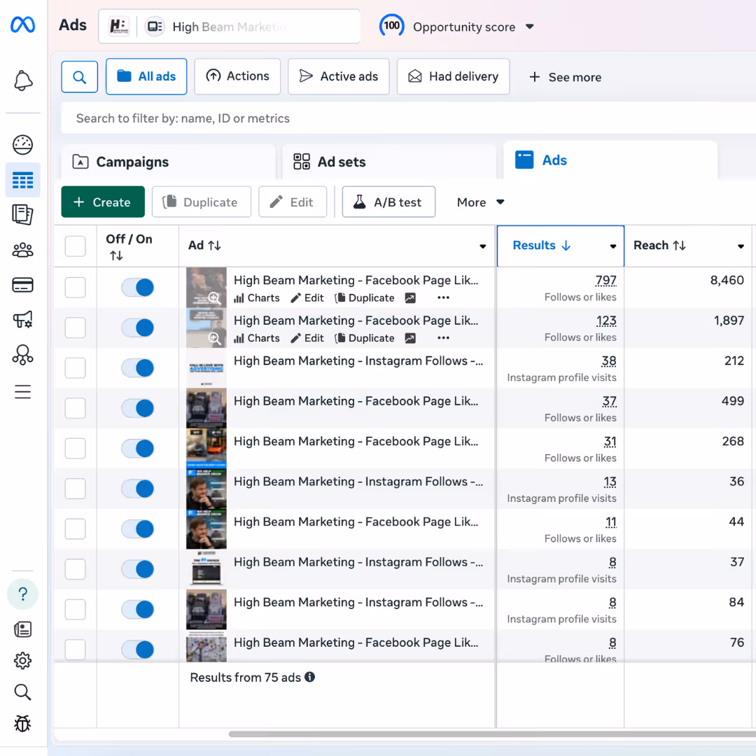 Dashboard showing High Beam Marketing ad campaign results with metrics for follows or likes and Instagram profile visits.