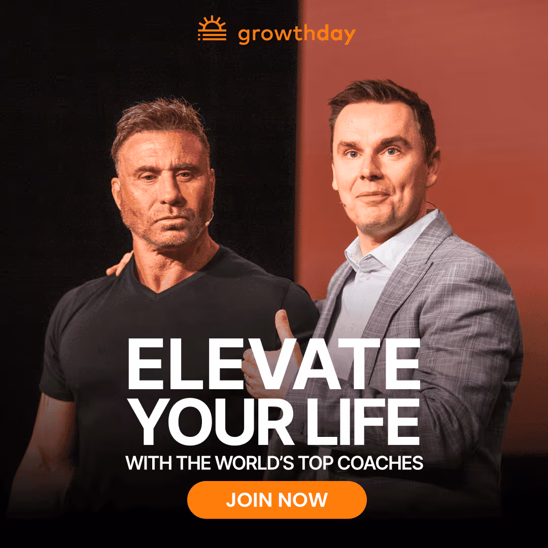 Two men, one in a black shirt and the other in a gray suit, with text reading 'Elevate Your Life with the World’s Top Coaches' and an orange 'Join Now' button.