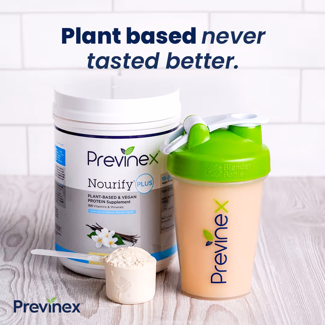 Container of Previnex Nourify Plus plant-based vegan protein supplement with a scoop of powder and a green-lid Blender Bottle shaker on a wooden surface.