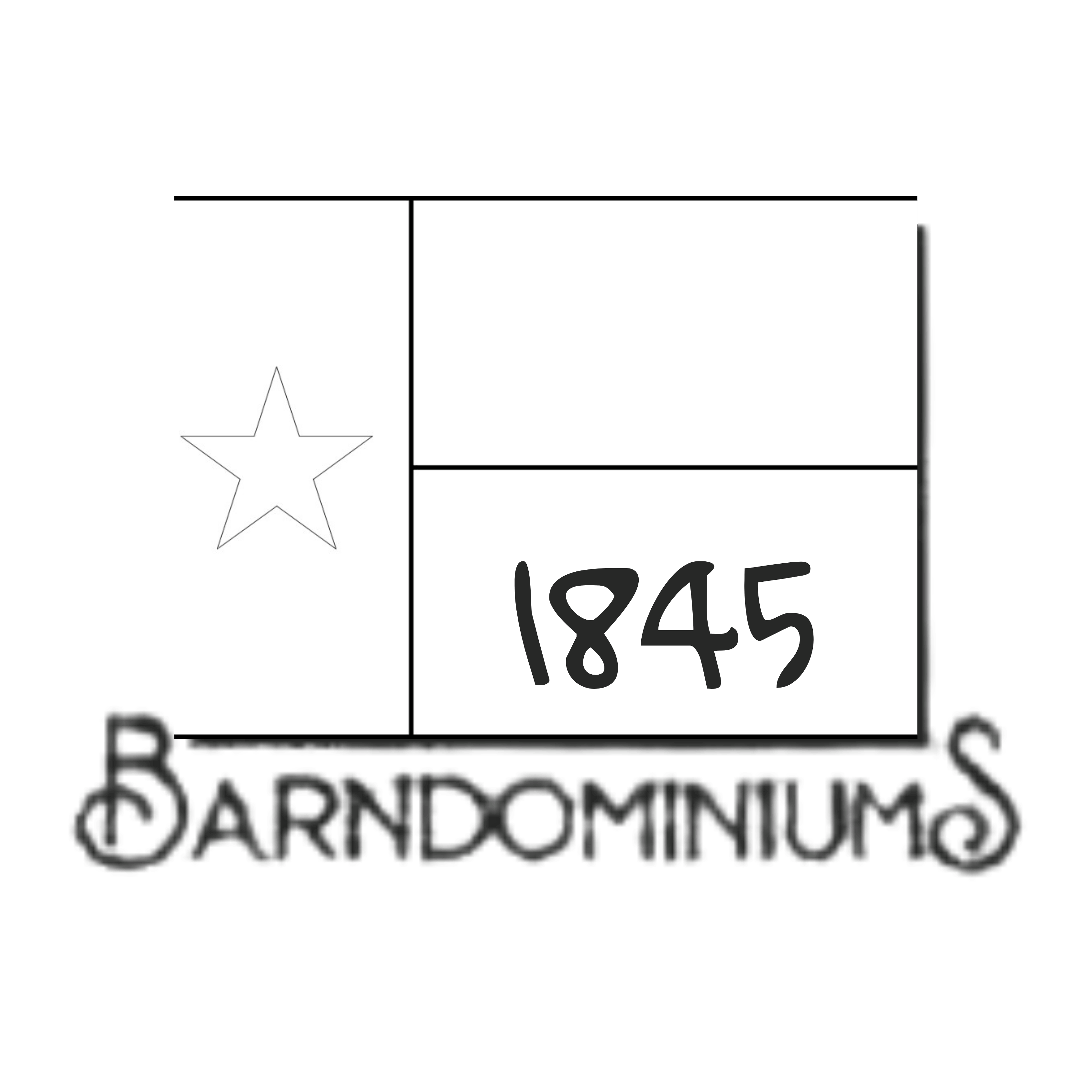 Simplified Texas flag with a star on the left, the number 1845 in the bottom right, and the word Barndominiums below.