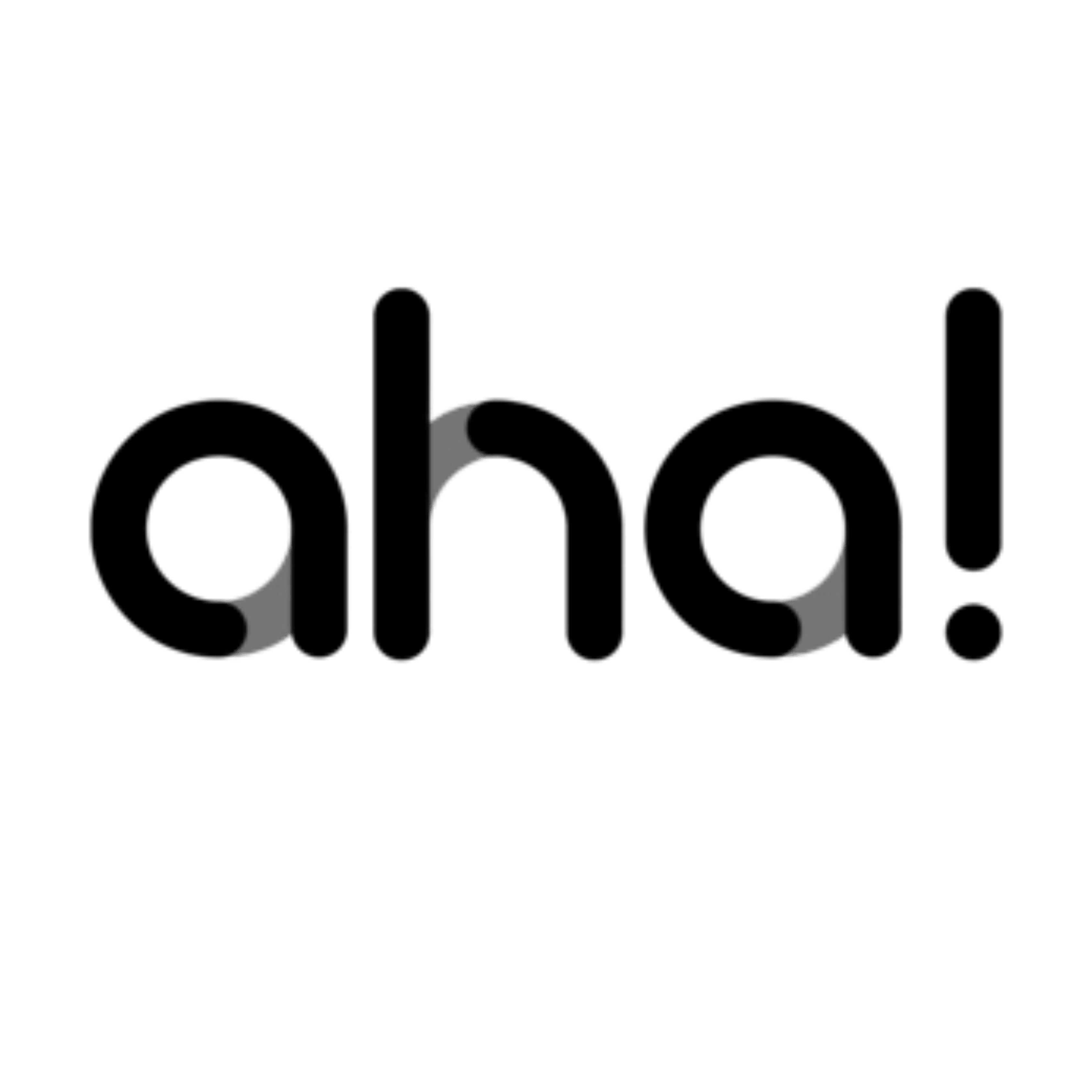 The word 'aha!' written in lowercase with stylistic black and gray curved accents.
