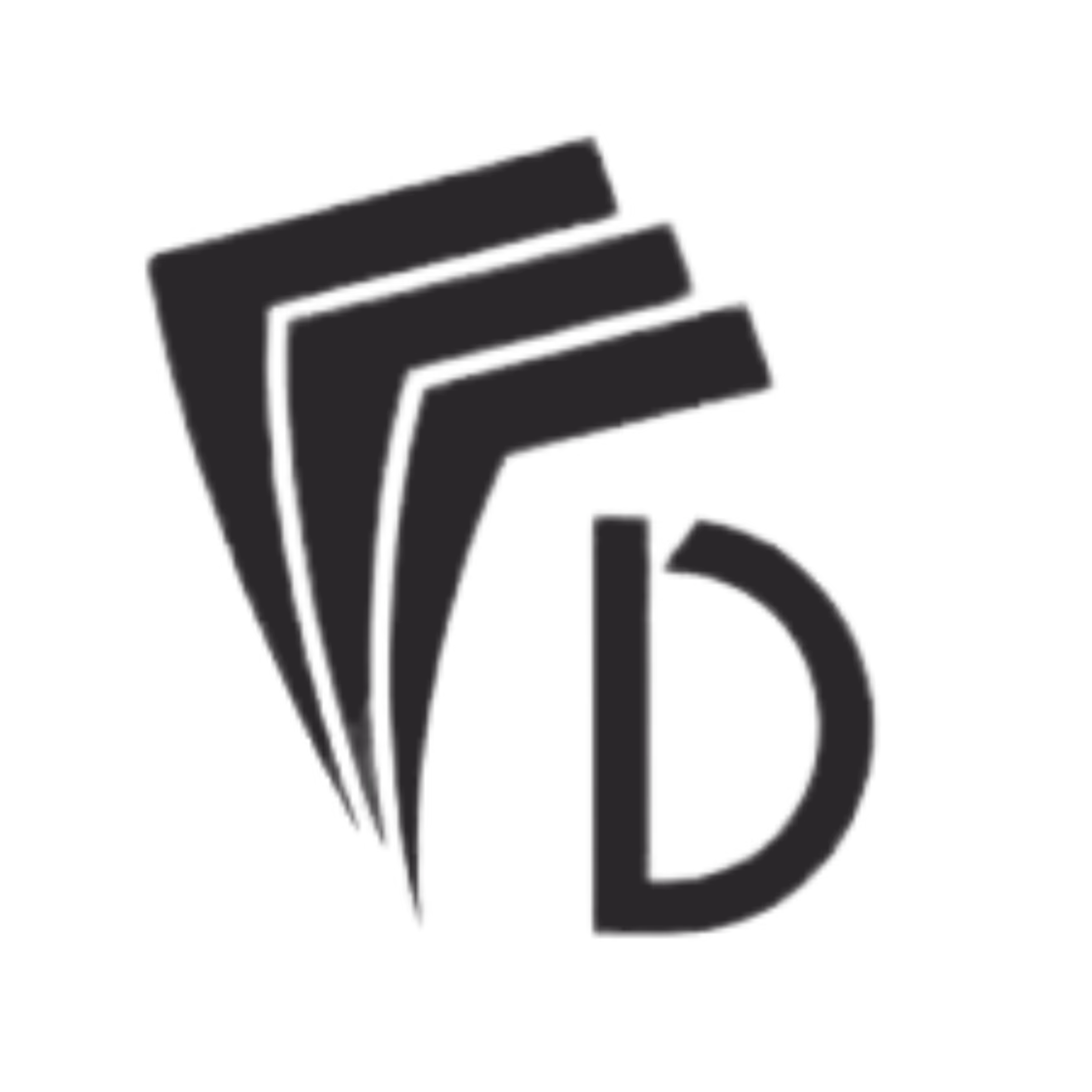 Black icon depicting three fanned cards next to a capital letter D.